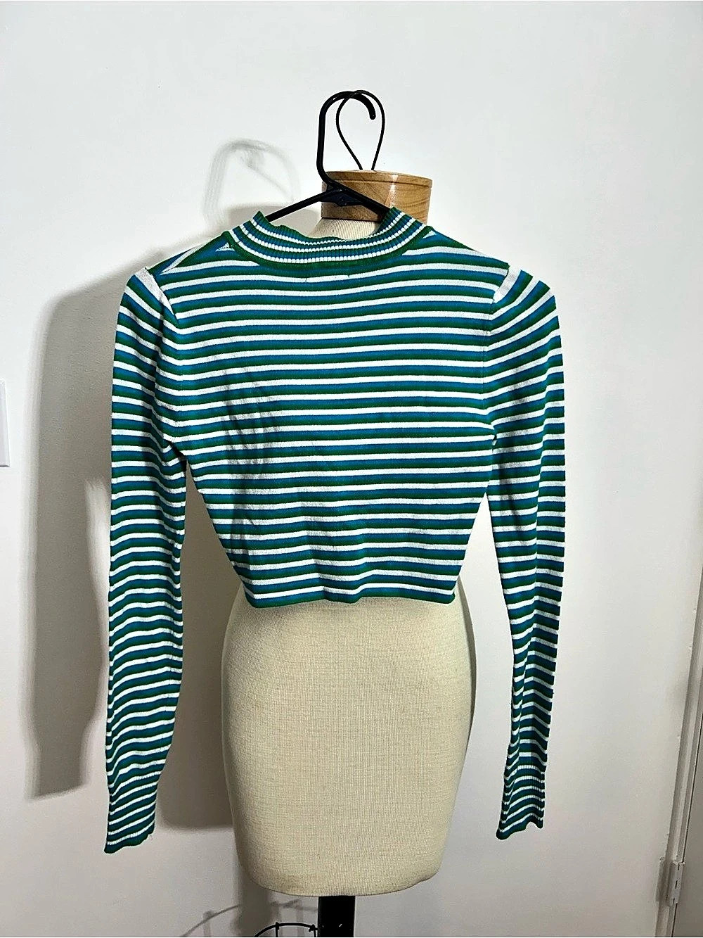 Silence + noise Urban Outfitters Striped Mock Neck Cropped Sweater Green & Blue